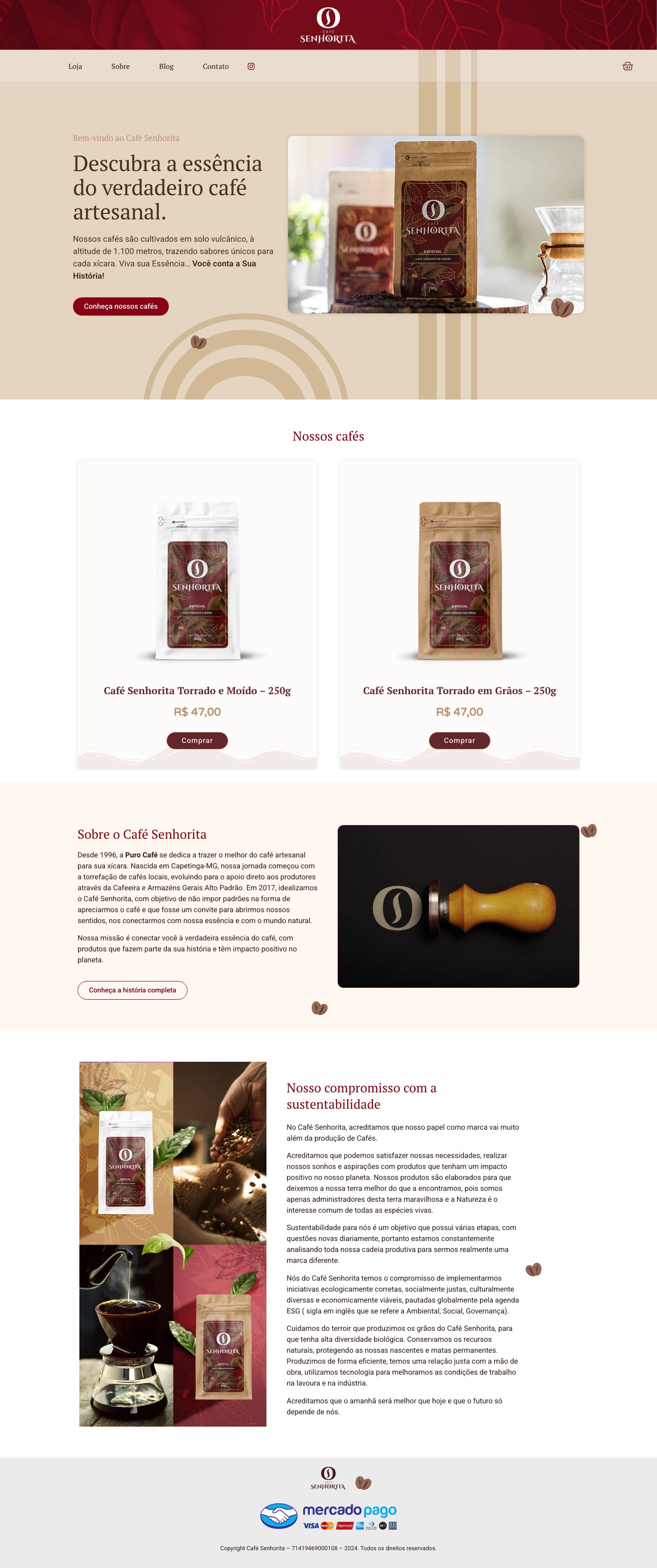 Captura de tela do site Café Senhorita e sua loja de cafés artesanais