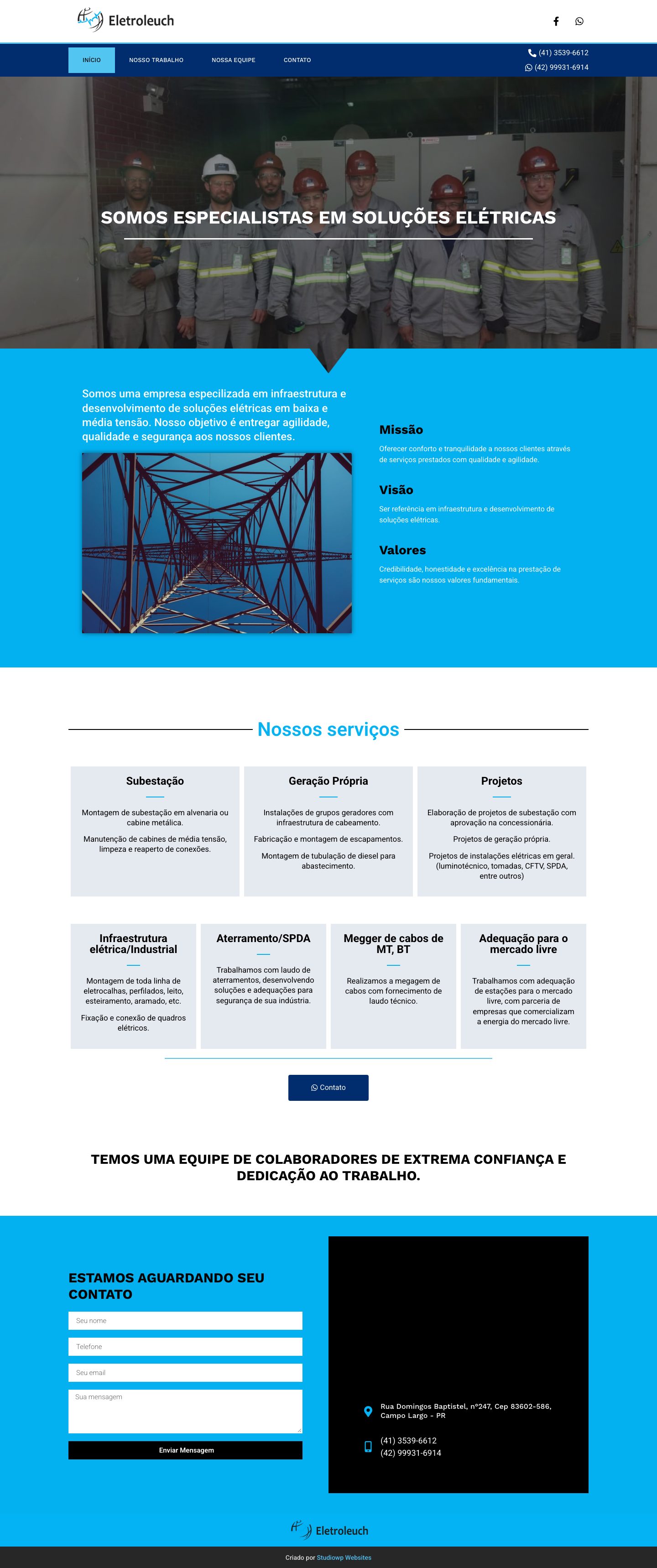 Captura de tela do site Eletroleuch, empresa de engenharia e soluções elétricas