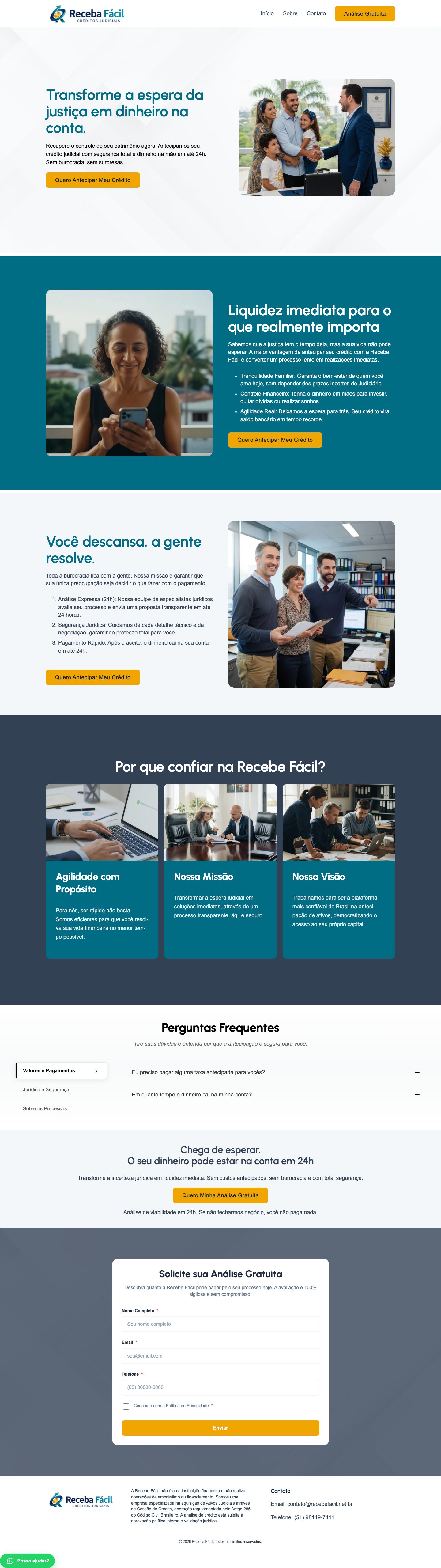 Captura de tela do site Receba Fácil, especializado em antecipação de ativos judiciais