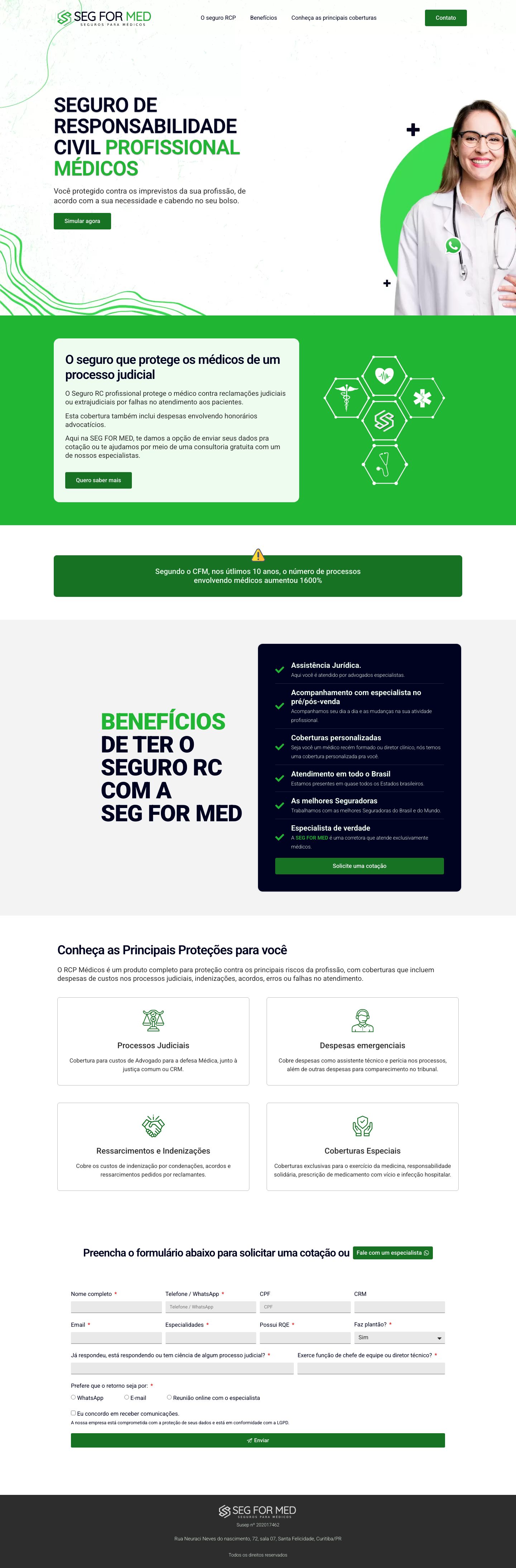Captura de tela do site Seg For Med, seguro de responsabilidade civil para médicos